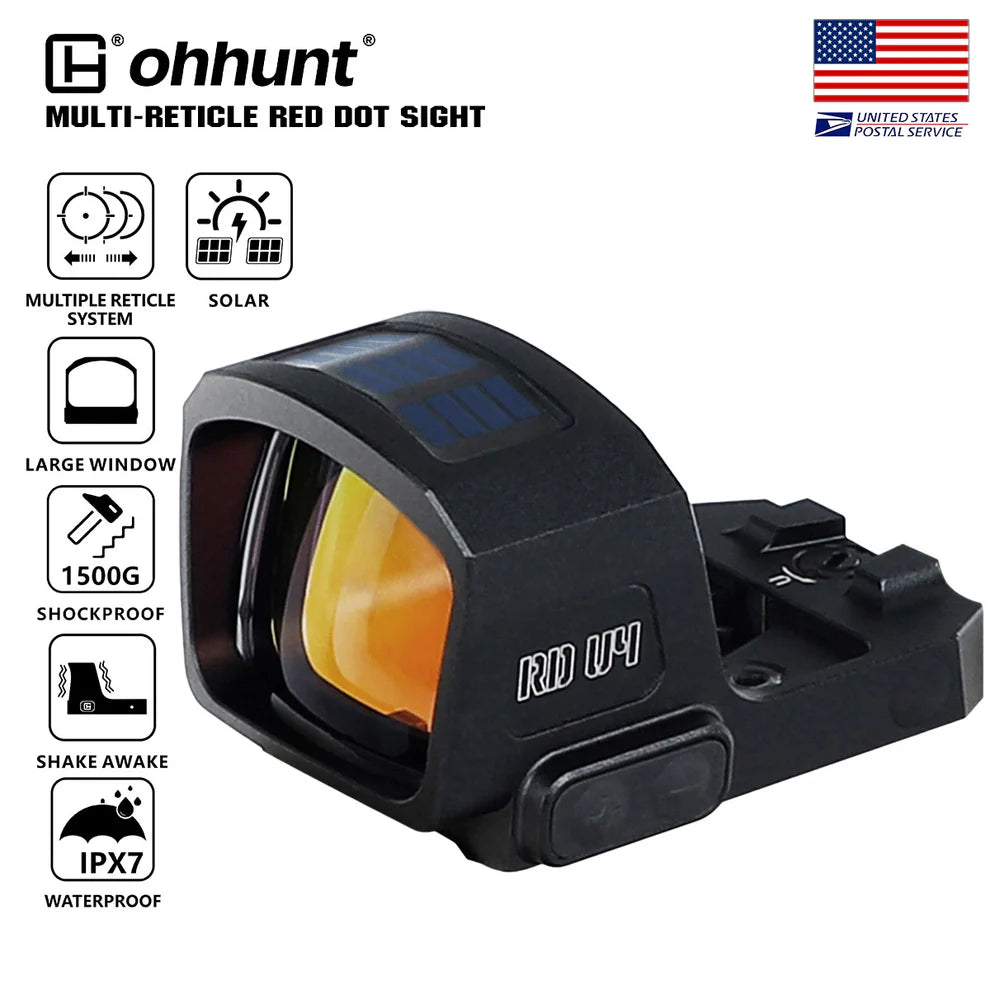 ohhunt® RD U4MR Extra-Large Window Shake Awake Red Dot Sight with Multi-Reticle, Solar Panel, Side-Mounted Battery, RMR Footprint Cut & Picatinny Mount
