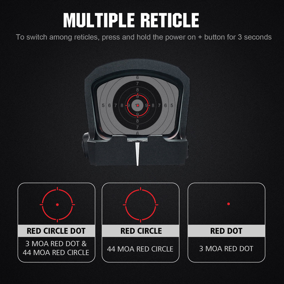 ohhunt® RD U4MR Extra-Large Window Shake Awake Red Dot Sight with Multi-Reticle, Solar Panel, Side-Mounted Battery, RMR Footprint Cut & Picatinny Mount