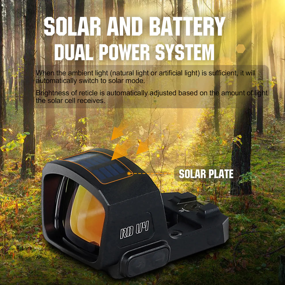 ohhunt® RD U4MR Extra-Large Window Shake Awake Red Dot Sight with Multi-Reticle, Solar Panel, Side-Mounted Battery, RMR Footprint Cut & Picatinny Mount