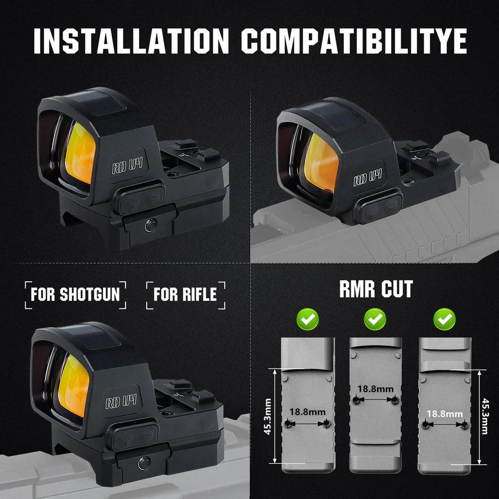 ohhunt® RD U4MR Extra-Large Window Shake Awake Red Dot Sight with Multi-Reticle, Solar Panel, Side-Mounted Battery, RMR Footprint Cut & Picatinny Mount